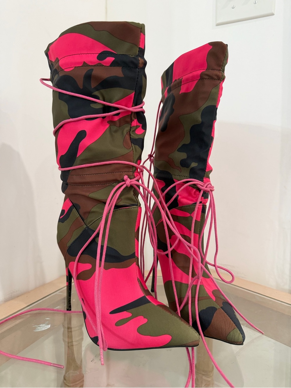 New Pink & green Camo Stiletto Mid-Calf Boots
